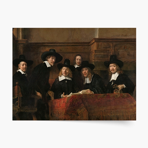 Plakát, Syndics of the Clothiers' Guild, Rembrandt van Rijn, 1662, 60x40