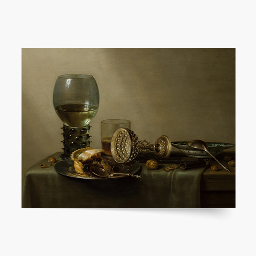 Plakát, W. Claesz-Heda „Dezert: Zátiší s dortem, vínem, pivem a ořechy“, 100x70