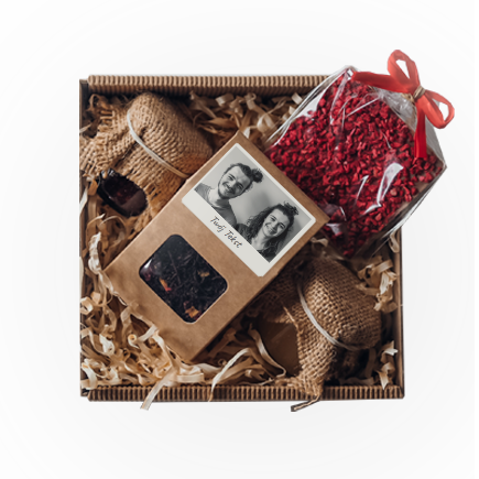 Dárková sada Fotografie s popiskem - mini krabička s čajem, čokoládou, marmeládou a medem